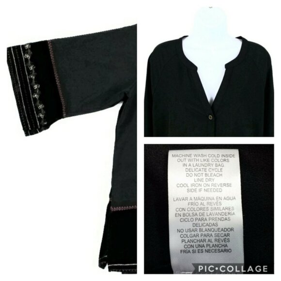 Democracy Black Button Front 3/4 Sleeve Mixed Media Embroidered Top Womens L NWT - Picture 7 of 10